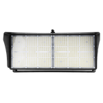 Front view of the bright, 600W LED stadium light from ELEDLights. The included glare shield/visor is visible.
