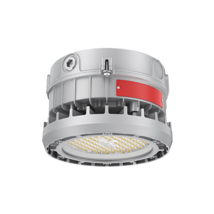 High-bay industrial light fixture with a red accent on a white background
