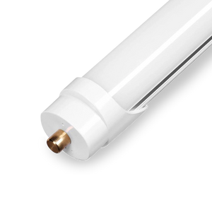Close-up of a white fluorescent tube light with a metal pin connector on one end against a transparent background