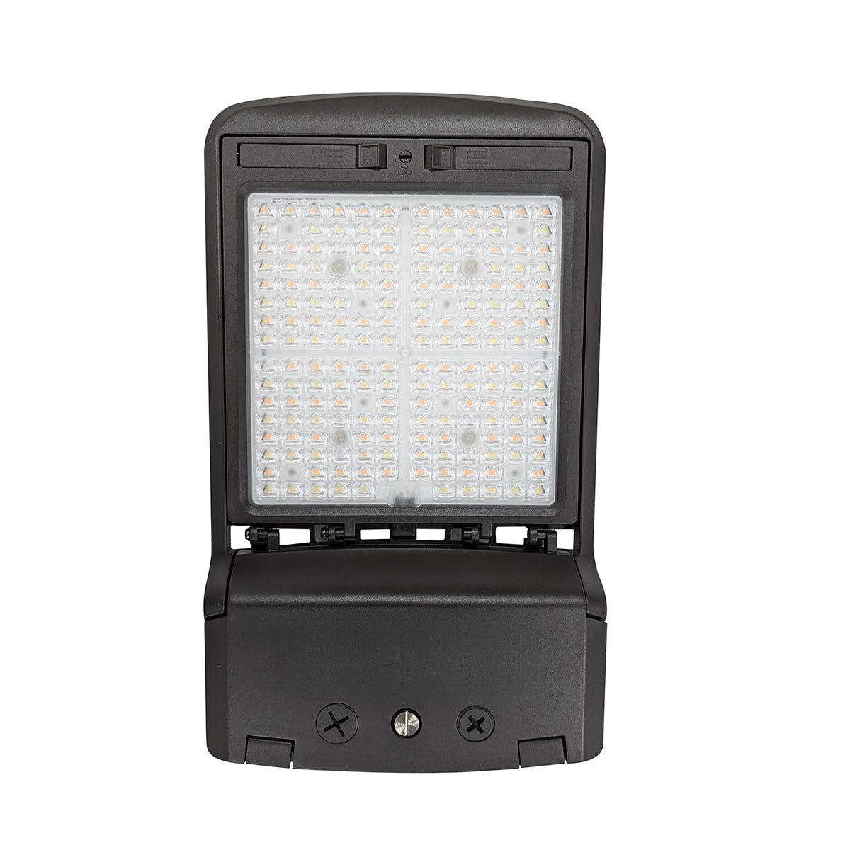 LED Shoebox Area Light with adjustable brightness and color temperature in a durable black housing for outdoor use