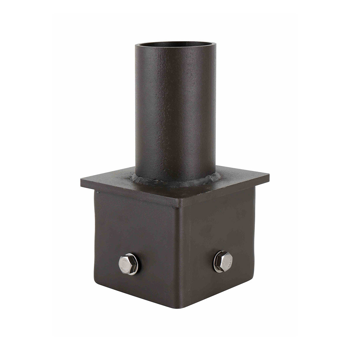 Tenon Adapter for 4" Square Pole in dark bronze with mounting bolts for area light installation on vertical tenon