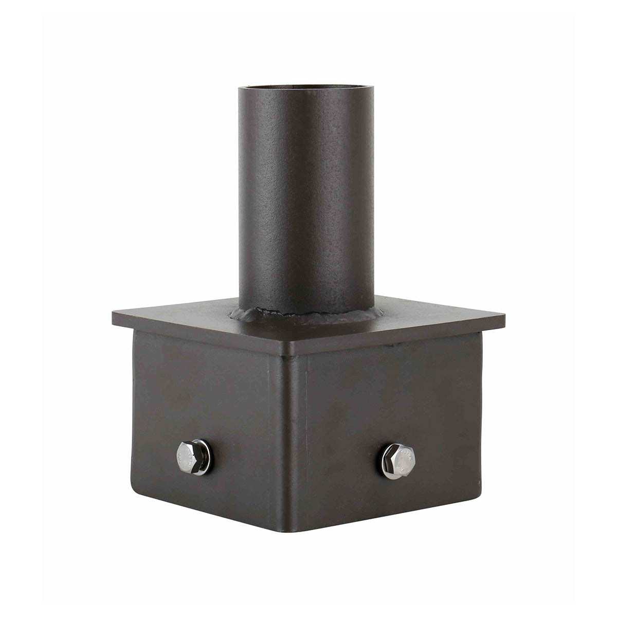 Dark bronze Tenon Adapter for 5-inch square pole with hex bolts for vertical and horizontal fixture adjustment