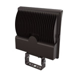 Black LED flood light with photocell sensor and mounting bracket for outdoor use, adjustable wattage and color temperature