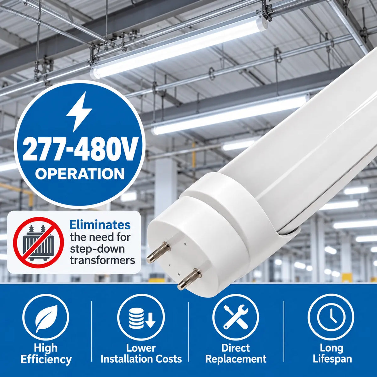 4ft 24W Selectable LED Tube - Type B, 480V