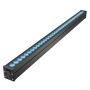 Black linear facade lighting fixture with blue LED light.