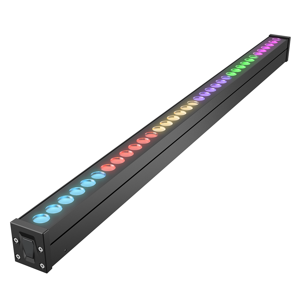 RGBW LED Linear Wall Washer Light showing vibrant, multicolored LED light in a sleek black aluminum housing.