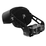 The LED sports and stadium light with remote driver box includes a yoke mount, seen here. This angled rear view also shows off the lights' heat-dissipating fins and the compact driver box, which can be removed from the fixture and installed on the light pole or a distribution box.