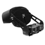 The LED sports and stadium light with remote driver box includes a yoke mount, seen here. This angled rear view also shows off the lights' heat-dissipating fins and the compact driver box, which can be removed from the fixture and installed on the light pole or a distribution box.