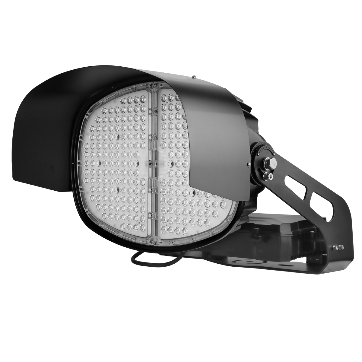 LED sports and stadium light from ELED Lights, available in 600W and 800W. The removable glare shield is seen installed on the light in this image.