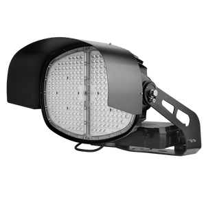 LED sports and stadium light from ELED Lights, available in 600W and 800W. The removable glare shield is seen installed on the light in this image.