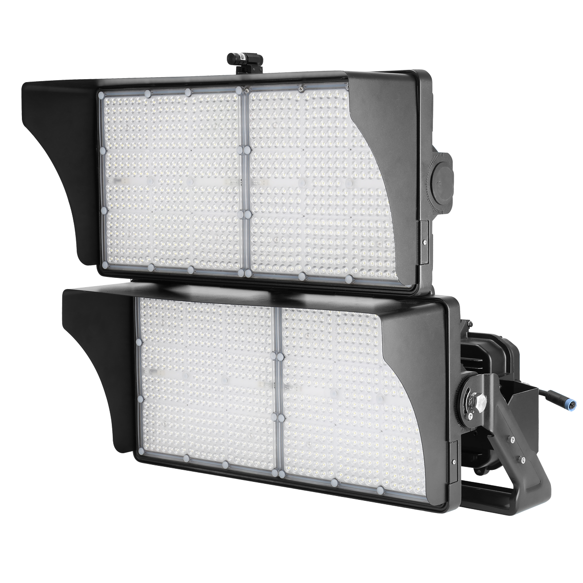 The 850W and 1200W LED stadium lights from ELEDLights are designed for pole heights from 60 to 90 ft and for large school or collegiate fields or mid-sized stadiums. The light is shown with its included glare shields and aiming sight.