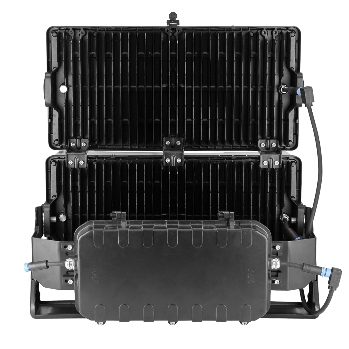 Back view of the 850W LED stadium light from ELEDLights. Black, protected cables connect from the box to both light modules as well as to power. The 1200W LED stadium light is the same size and appearance.