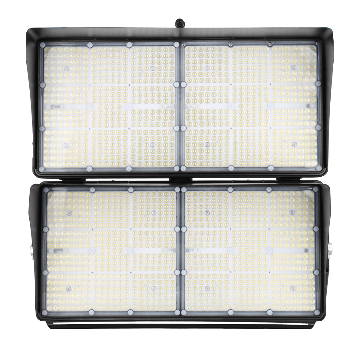 Front view of the 850W LED stadium light from ELEDLights. The light, consisting of two modules with two lights each, forms a square shape.  The 1200W LED stadium light is the same size and appearance.