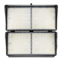 Front view of the 850W LED stadium light from ELEDLights. The light, consisting of two modules with two lights each, forms a square shape.  The 1200W LED stadium light is the same size and appearance.