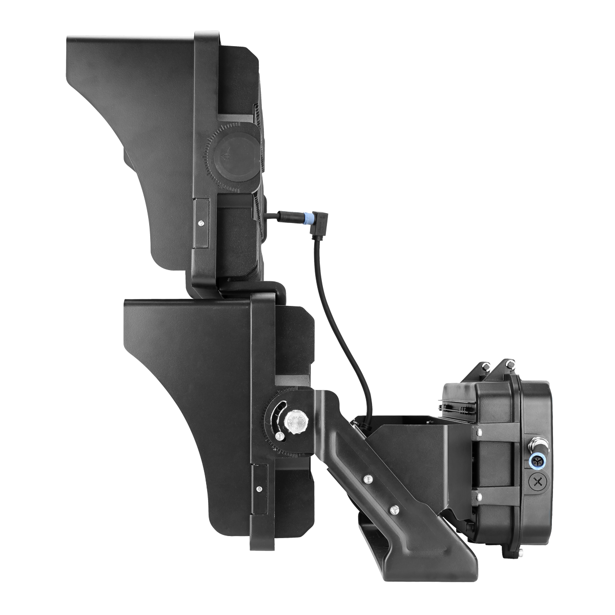 Side view of the 850W LED stadium light from ELEDLights. In addition to the two light modules, you can see the trunnion mount bracket with the power driver box mounted behind it. The 1200W LED stadium light is the same size and appearance.