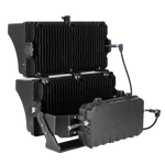 The 850W LED stadium light from ELEDLights features two modules stacked on top of each other. From this back view, you can see the cooling fins of the light fixture and the power driver box. The 1200W LED stadium light is the same size and appearance.