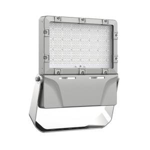 Silver hazardous location LED flood light with angle-adjustable mounting bracket on a white background