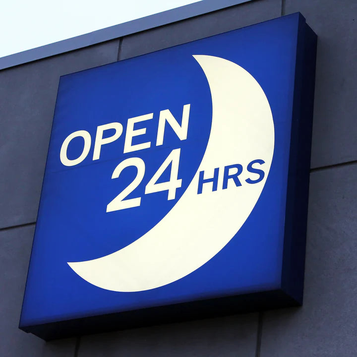 6ft LED Sign Tube - Double Side - 31W - Type B illuminating an Open 24 Hrs sign with bright even light