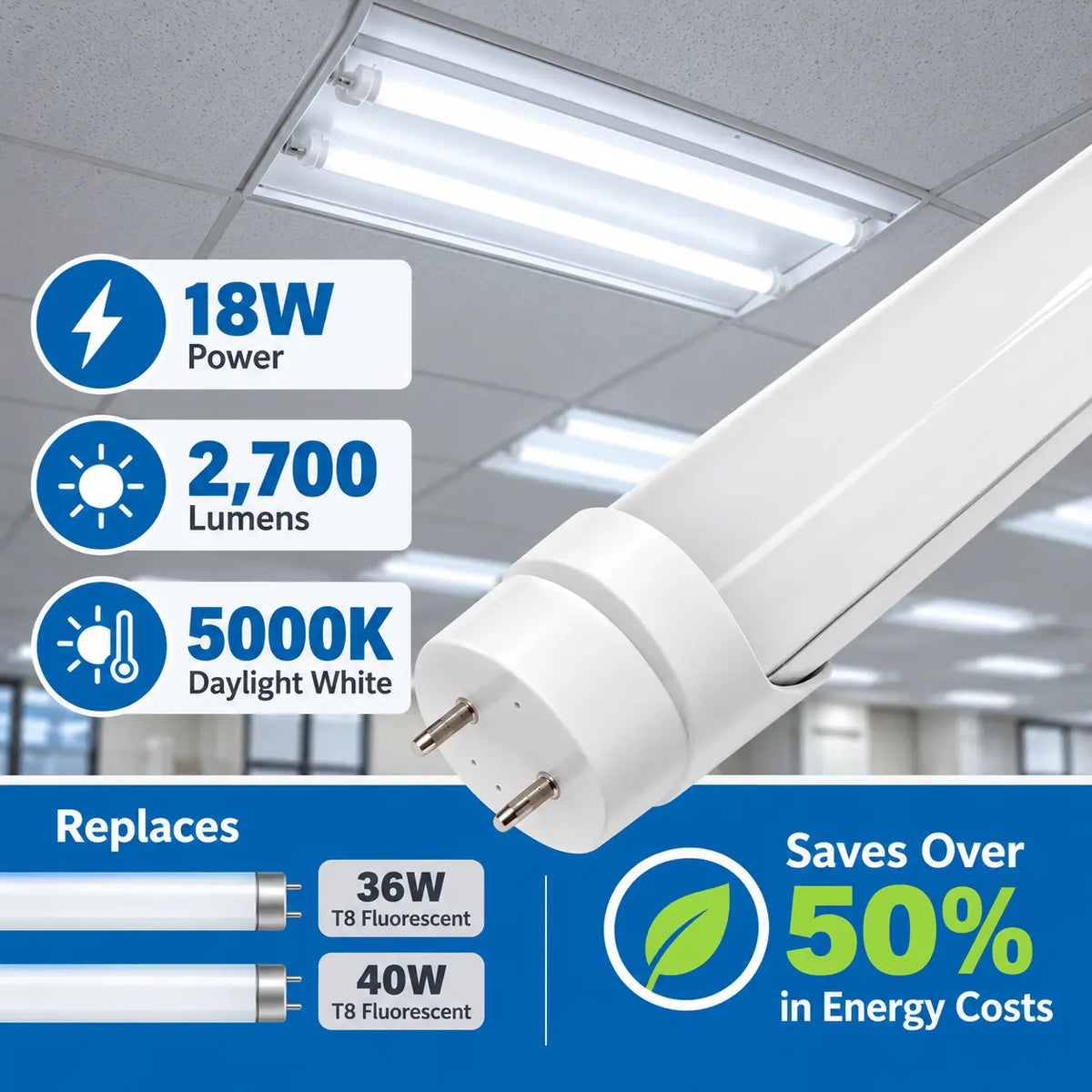 4ft 24W Selectable LED Tube - Type B, 480V