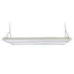 Linear LED High Bay light hanging with chain suspension kit and swappable optics for customizable lighting options