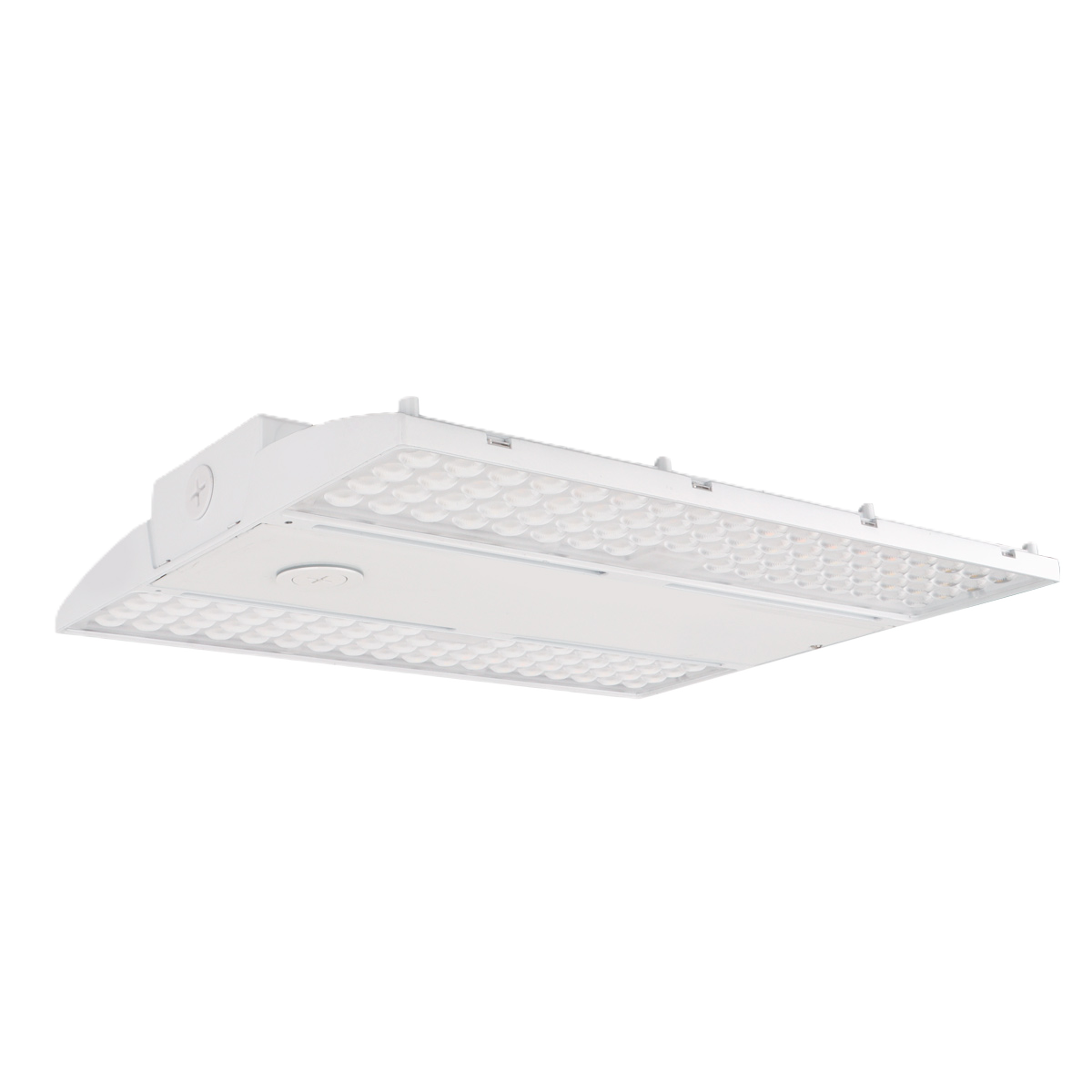 LED linear high bay fixture with selectable wattage and color temperature options ideal for warehouse aisle and racking applications