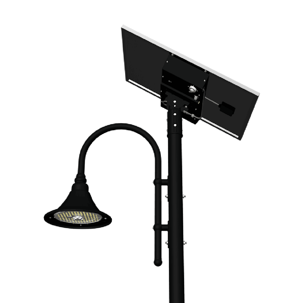 Black bell-shaped pathway light  mounted on a pole with a solar panel.