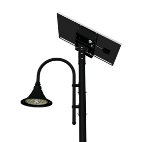 Black bell-shaped pathway light  mounted on a pole with a solar panel.