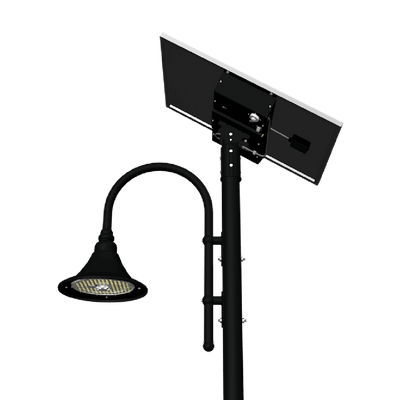 Black bell-shaped pathway light  mounted on a pole with a solar panel.