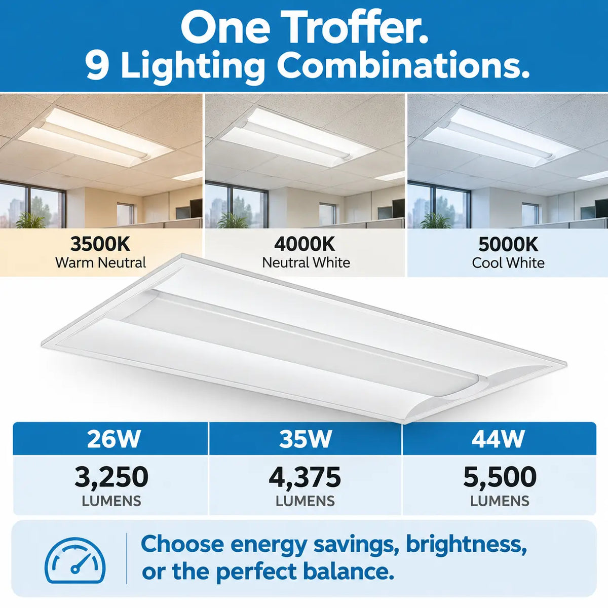 2x4 LED Troffer 44W Selectable