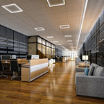 Modern office interior illuminated by 2x4 LED Frame Light 5 CCT 30 to 50W RAB FRAME in suspended ceiling panels