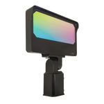 LED Flood Light RGBW 90W RAB X34 with color gradient panel and slipfitter mounting option shown isolated on white background