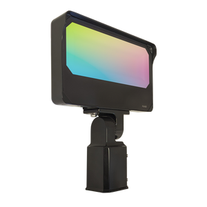 LED Flood Light RGBW 90W RAB X34 with color gradient panel and slipfitter mounting option shown isolated on white background