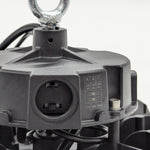 Close-up of UFO LED High Bay 3-CCT showing adjustable wattage switch and hook for easy installation in warehouses or work areas
