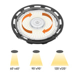 UFO LED High Bay showing rotatable lens feature adjusting beam angles to 60, 90, and 120 degrees for versatile lighting