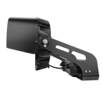 Side view of the LED sports and stadium light from LED Lights. The glare shield is prominent in this image, as is the included yoke mount bracket.