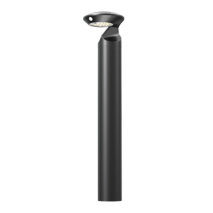 Black solar bollard light viewed from the front with LED board and motion sensor visible