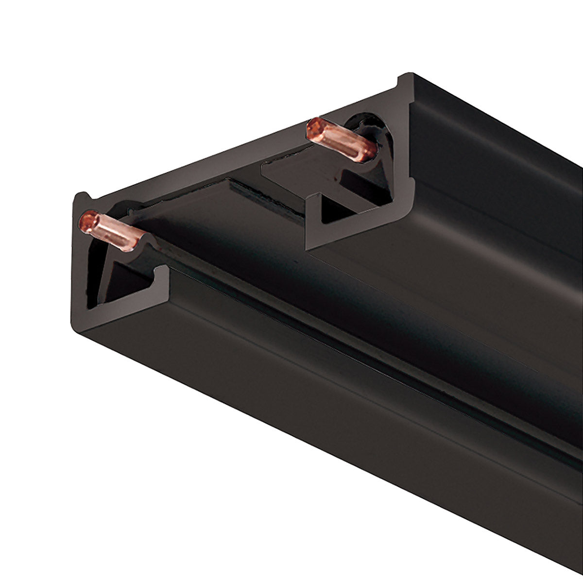 Close-up of black 1-Circuit Track Section TRAC-MASTER® with visible copper connectors and I-beam cross section design