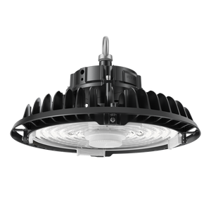 Black circular LED high bay light fixture with a hook for hanging and visible cooling fins on top
