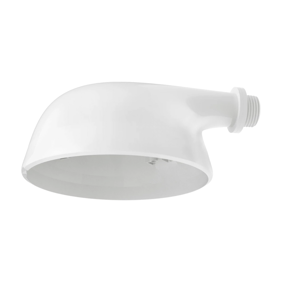 White outdoor shower head with a curved dome shade and threaded connection on the right side, shown against a plain white background.