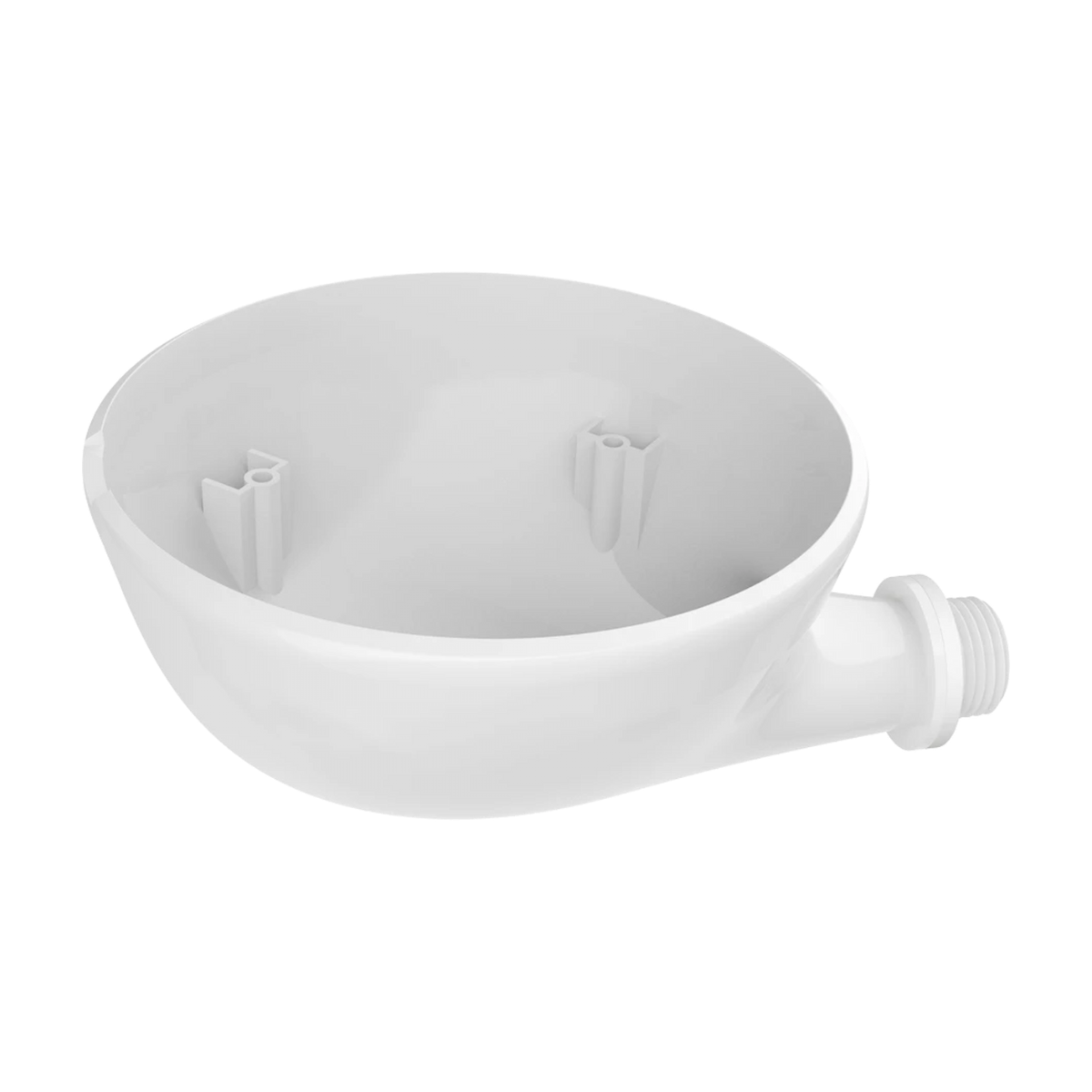White sensor holder shown facing upward with threaded mounting end and two screw holes visible. 