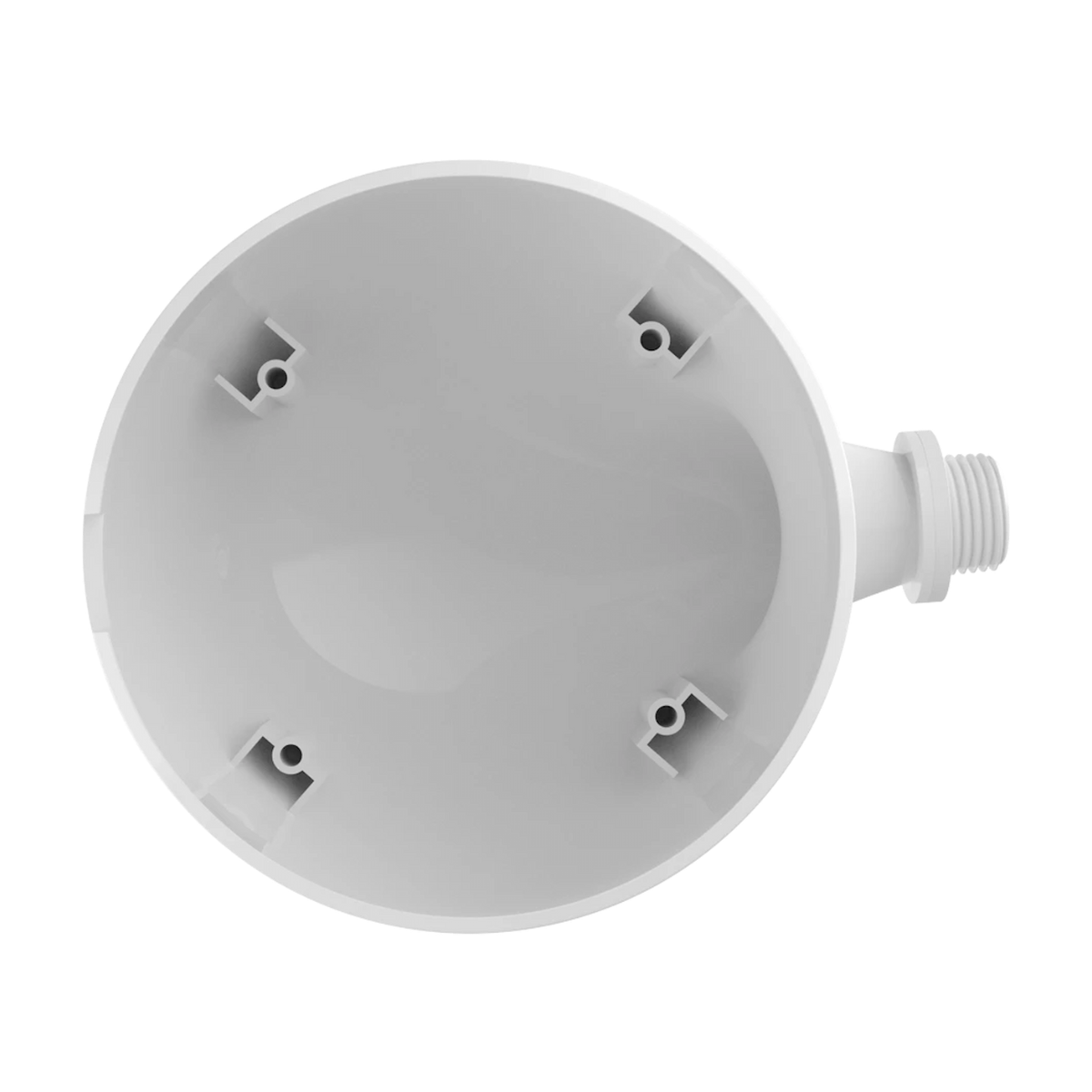 A white plastic circular mounting bracket or wall socket cover with four screw holes and a threaded side connector, shown on a plain white background.