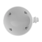 A white plastic circular mounting bracket or wall socket cover with four screw holes and a threaded side connector, shown on a plain white background.