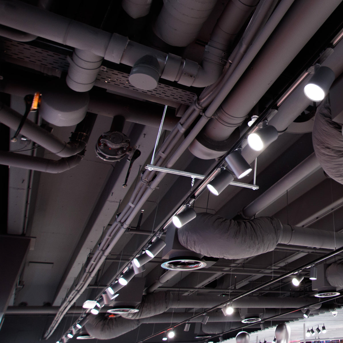 10W LED Trac-Lites™ Track Head – 4-CCT – Juno installed on commercial ceiling with exposed ductwork and pipes