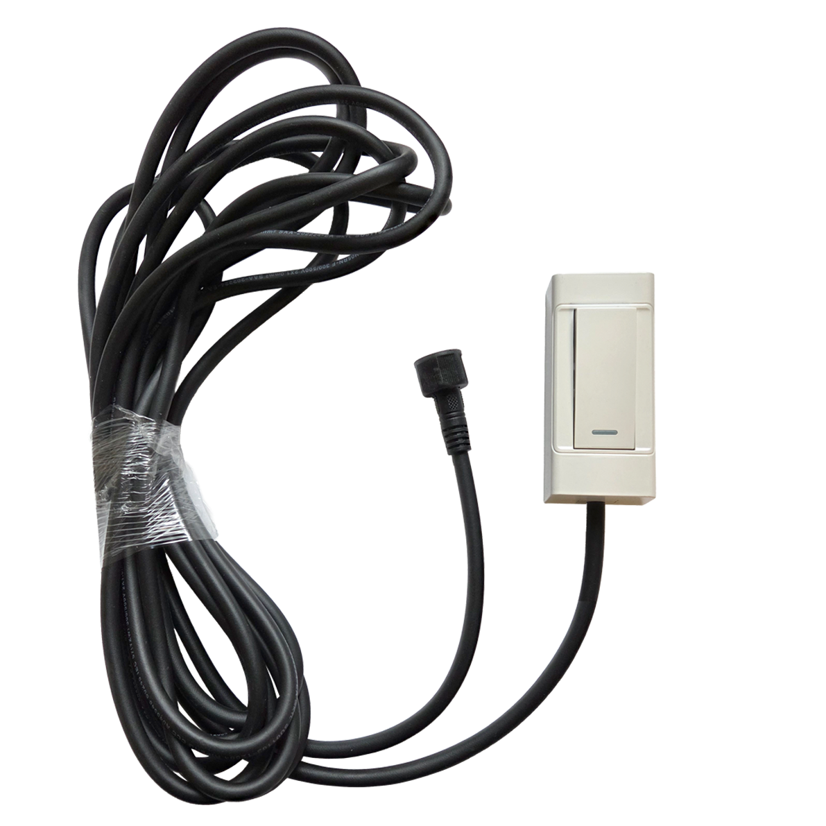 Outdoor light switch with long black cable on a white background