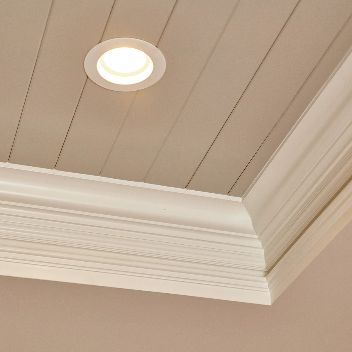 8 inch LED Downlight 5-CCT 22W Nora Theia installed in ceiling with warm white light on