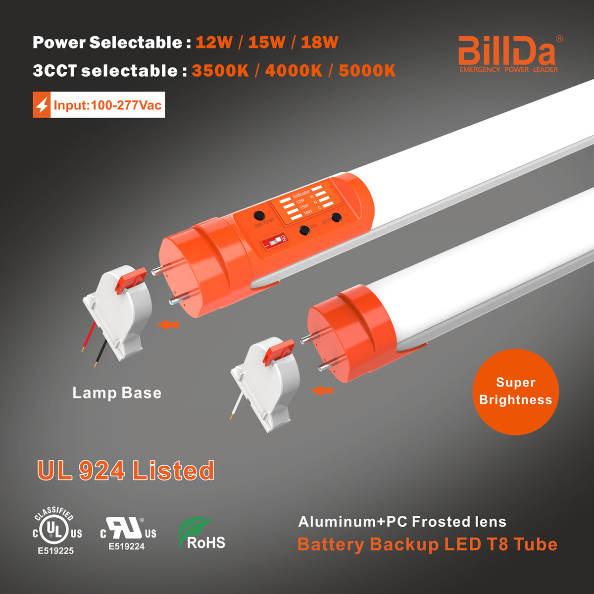 4ft LED T8 Tube with Battery Backup – 3CCT Selectable, 90-Minute Emergency Lighting