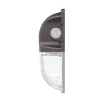 Side view of Mini LED Wall Pack w Photocell showing compact design with clear lower lens and dark upper housing