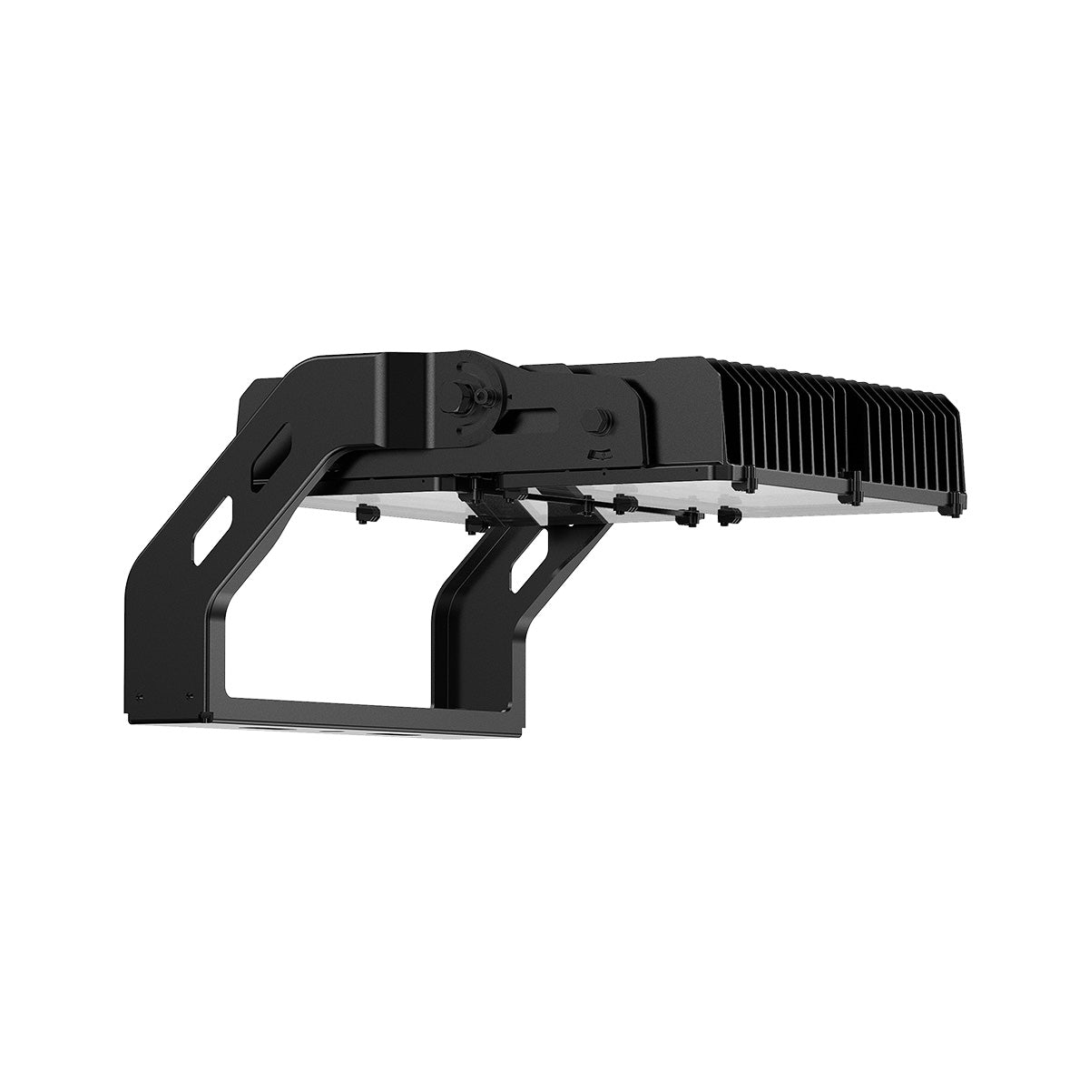 Sleek black LED High Mast Light fixture showing adjustable mounting bracket and heat sink fins design