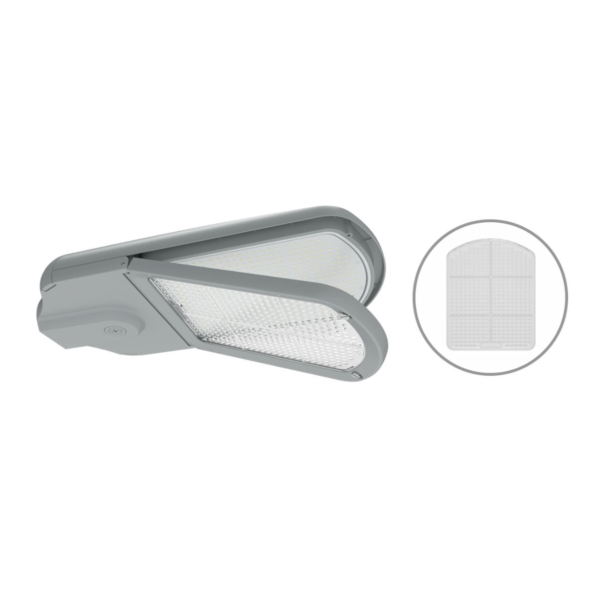 A modern gray LED wall light fixture shown at an angle, with a circular inset on the right showing a close-up of the diffuser grid.