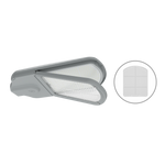 A modern gray LED wall light fixture shown at an angle, with a circular inset on the right showing a close-up of the diffuser grid.